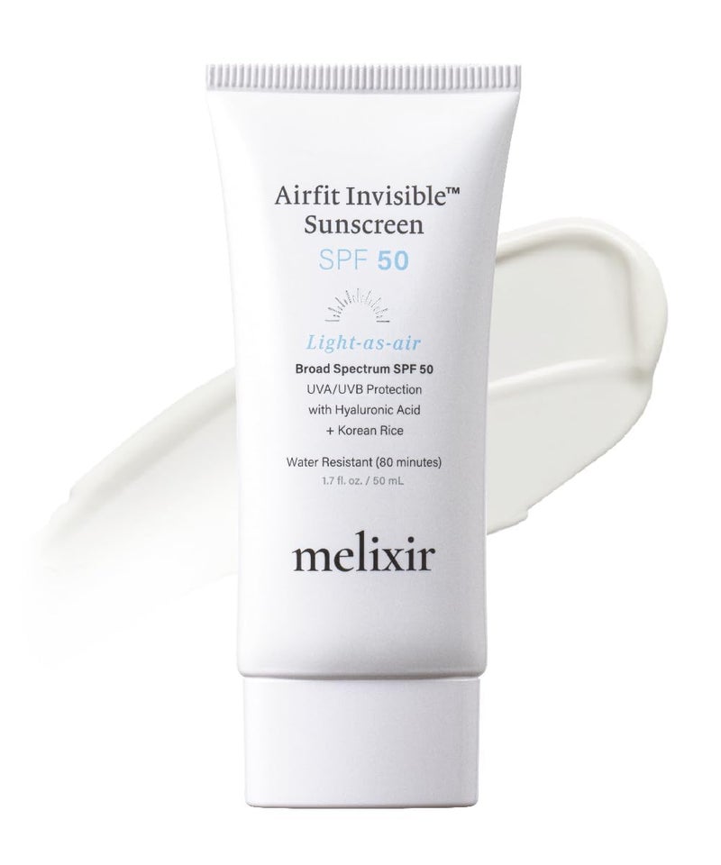 Melixir Airfit Invisible Sunscreen SPF 50 Broad Spectrum Korean Rice Sunscreen for Face Hyaluronic Acid Moisturizing Daily Protection for Sensitive Skin No White Cast Waterproof 17floz50ml